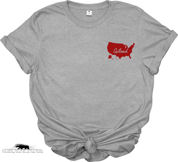 Gray t-shirt with a red 'Gilead map design on a white background