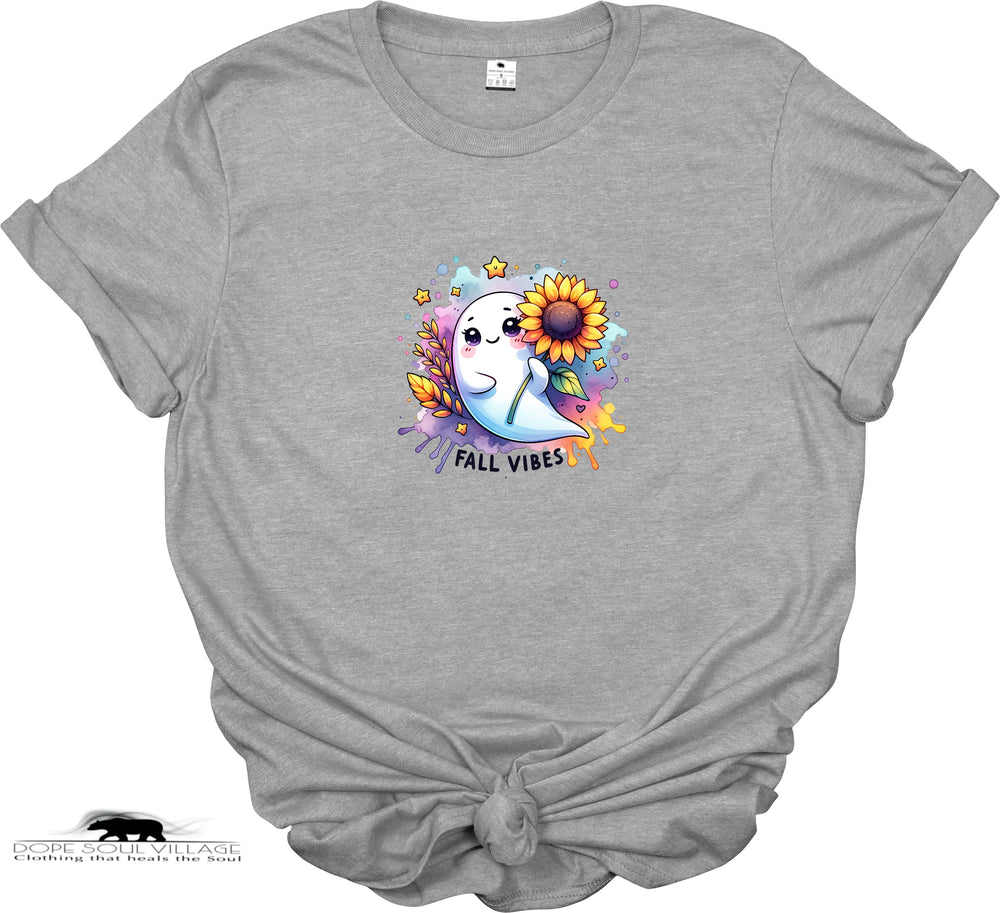 Gray t-shirt with a colorful graphic of a ghost holding a sunflower and 'Fall Vibes' text on a white background.