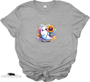 Gray t-shirt with a colorful graphic of a ghost holding a sunflower and 'Fall Vibes' text on a white background.
