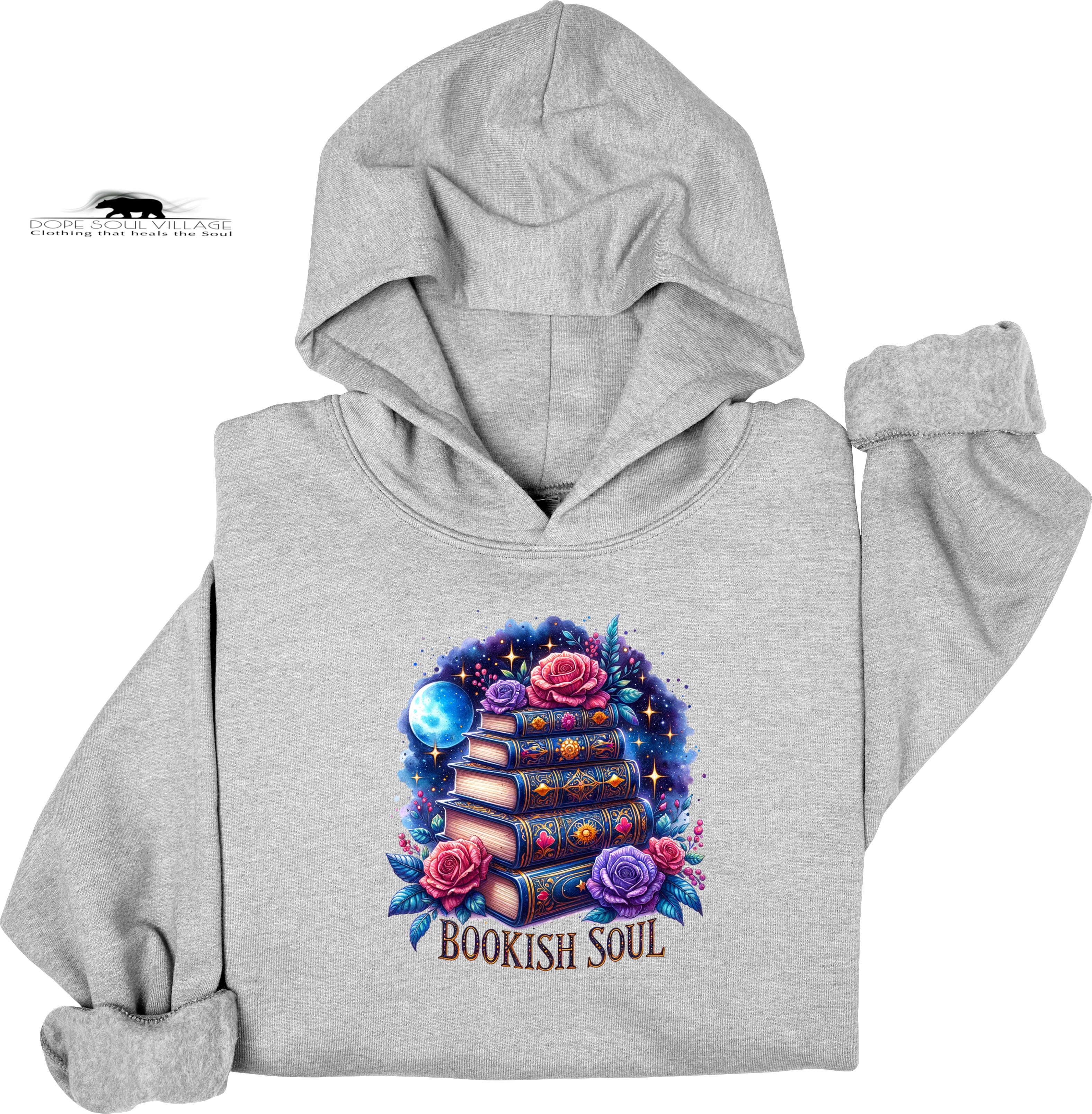 Gray hoodie with a colorful 'Bookish Soul' design on a white background