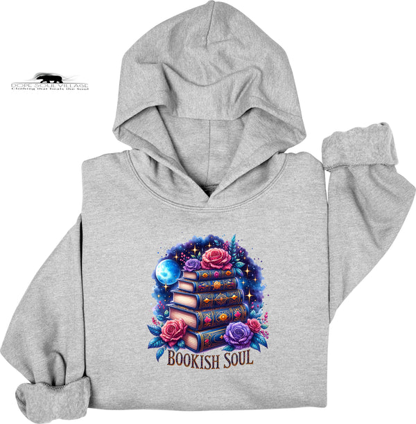 Gray hoodie with a colorful 'Bookish Soul' design on a white background