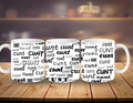 Three white mugs with black text on a wooden surface