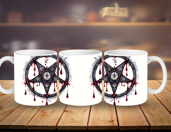 Three white mugs with black pentagram design and red liquid on a wooden surface.