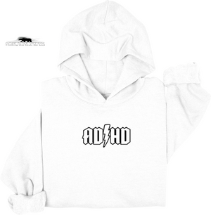 White hoodie with 'ADHD' text on a white background