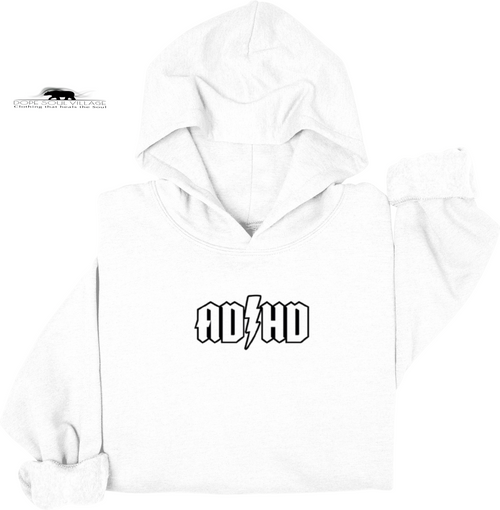 White hoodie with 'ADHD' text on a white background