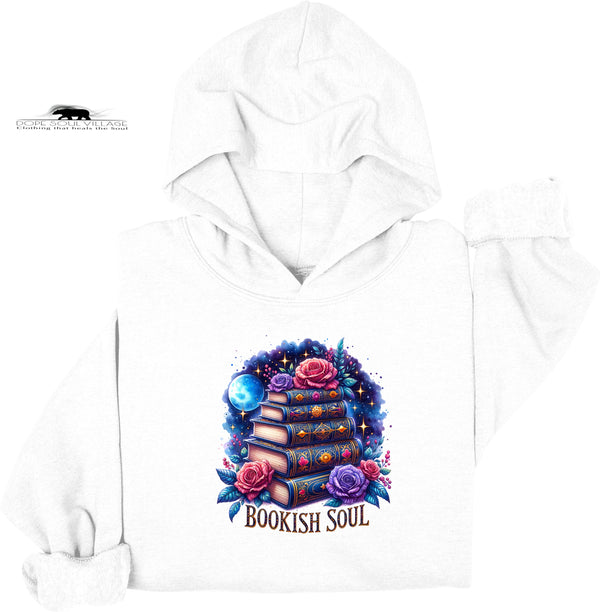 White hoodie with a colorful design of books and flowers on the chest, labeled 'Bookish Soul'.