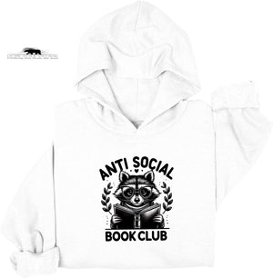White hoodie with a raccoon graphic and 'Anti Social Book Club' text on a white background