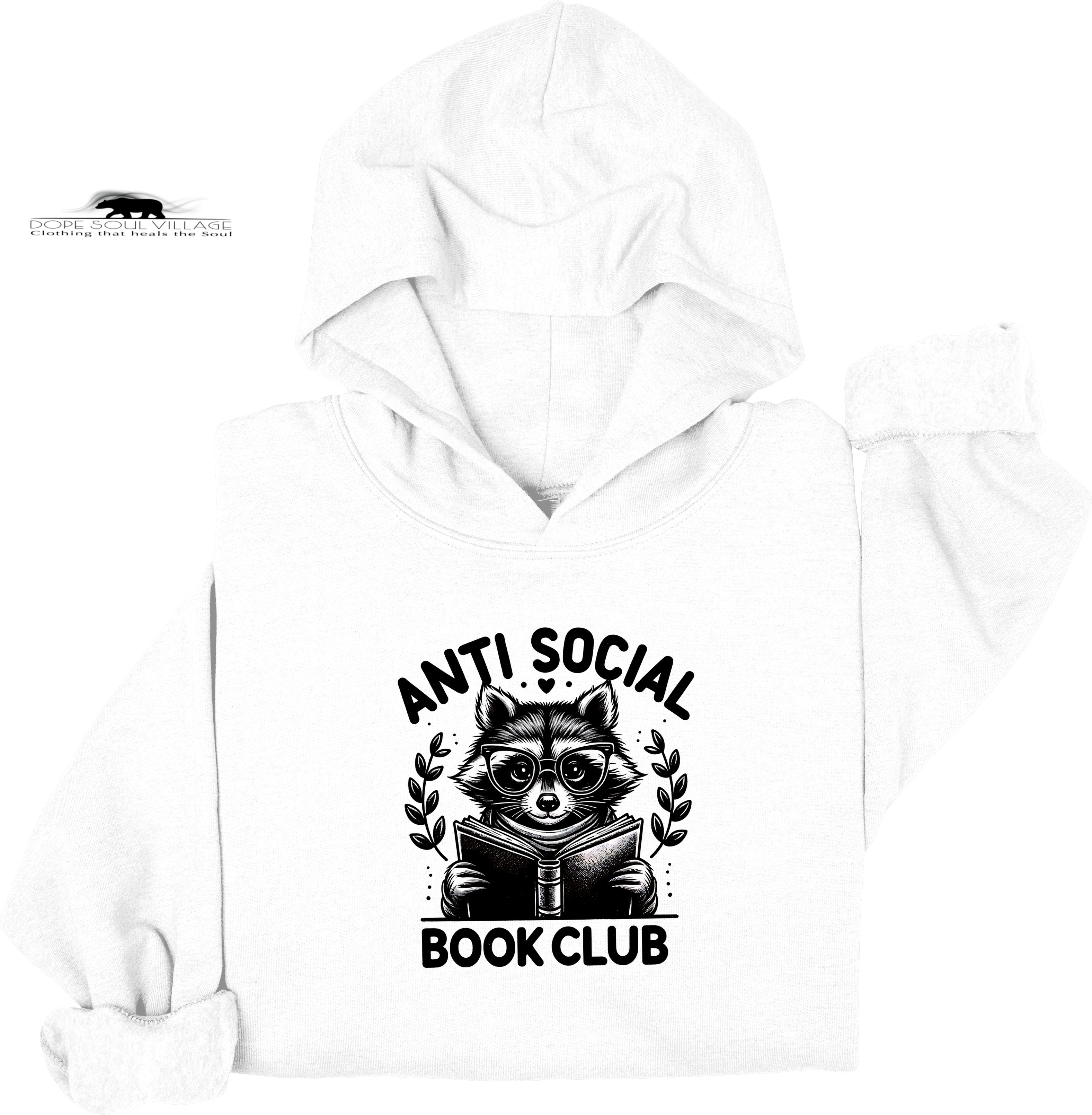White hoodie with a raccoon graphic and 'Anti Social Book Club' text on a white background