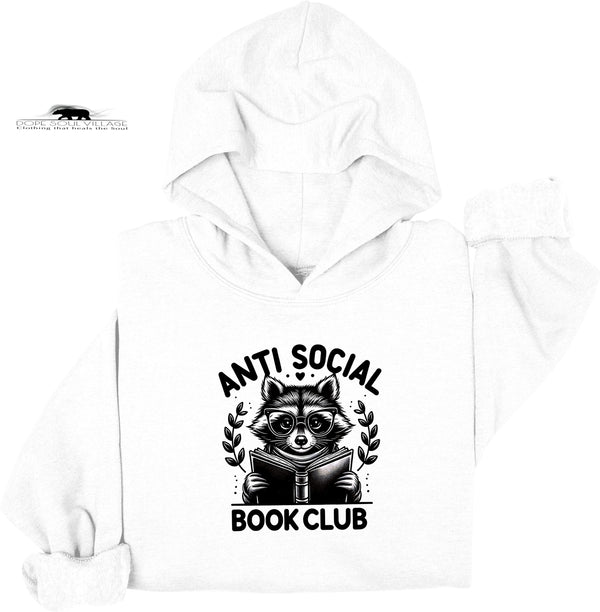White hoodie with a raccoon graphic and 'Anti Social Book Club' text on a white background