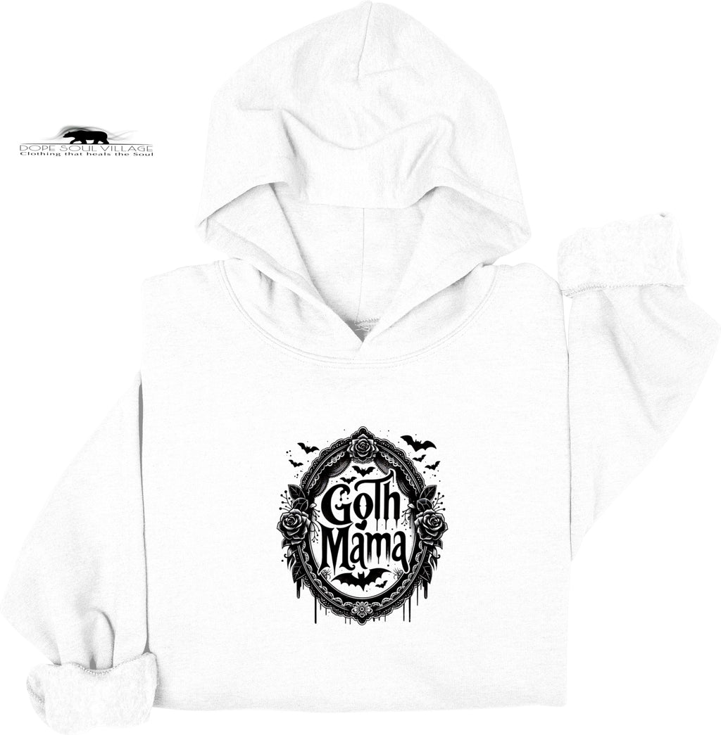 White hoodie with 'Goth Mama' graphic design on a white background