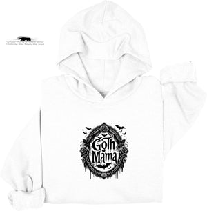White hoodie with 'Goth Mama' graphic design on a white background