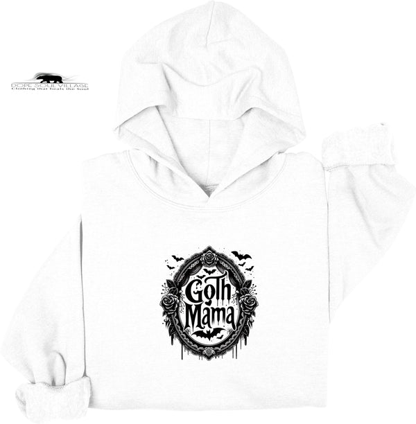 White hoodie with 'Goth Mama' graphic design on a white background
