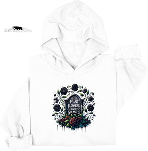 White hoodie with a floral and text design on a white background