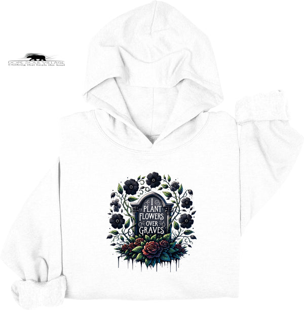 White hoodie with a floral and text design on a white background