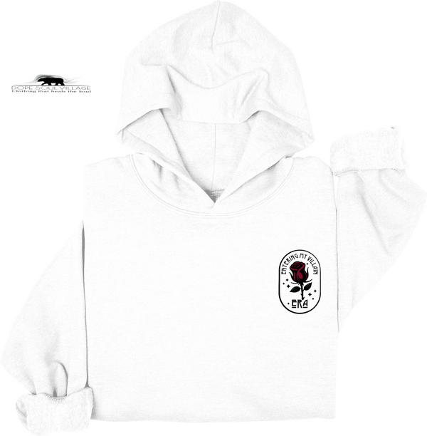 White hoodie with a rose graphic and text on a white background