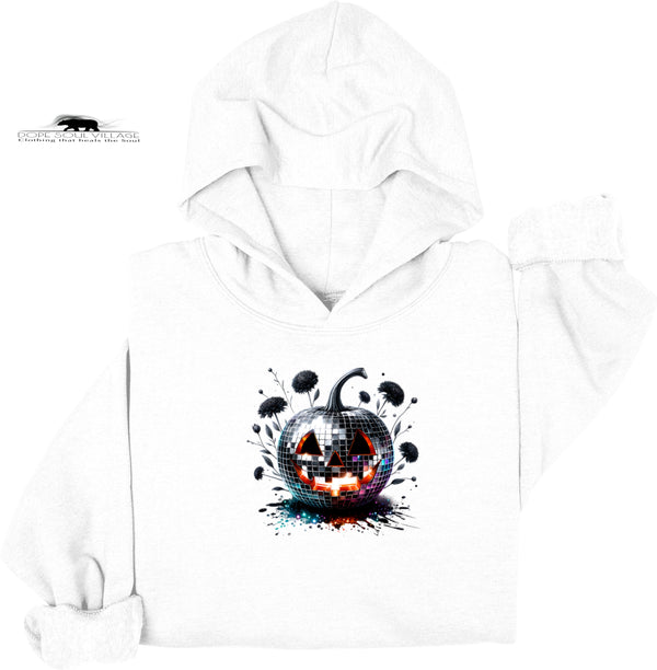 White hoodie with a colorful pumpkin design on a white background dope soul village
