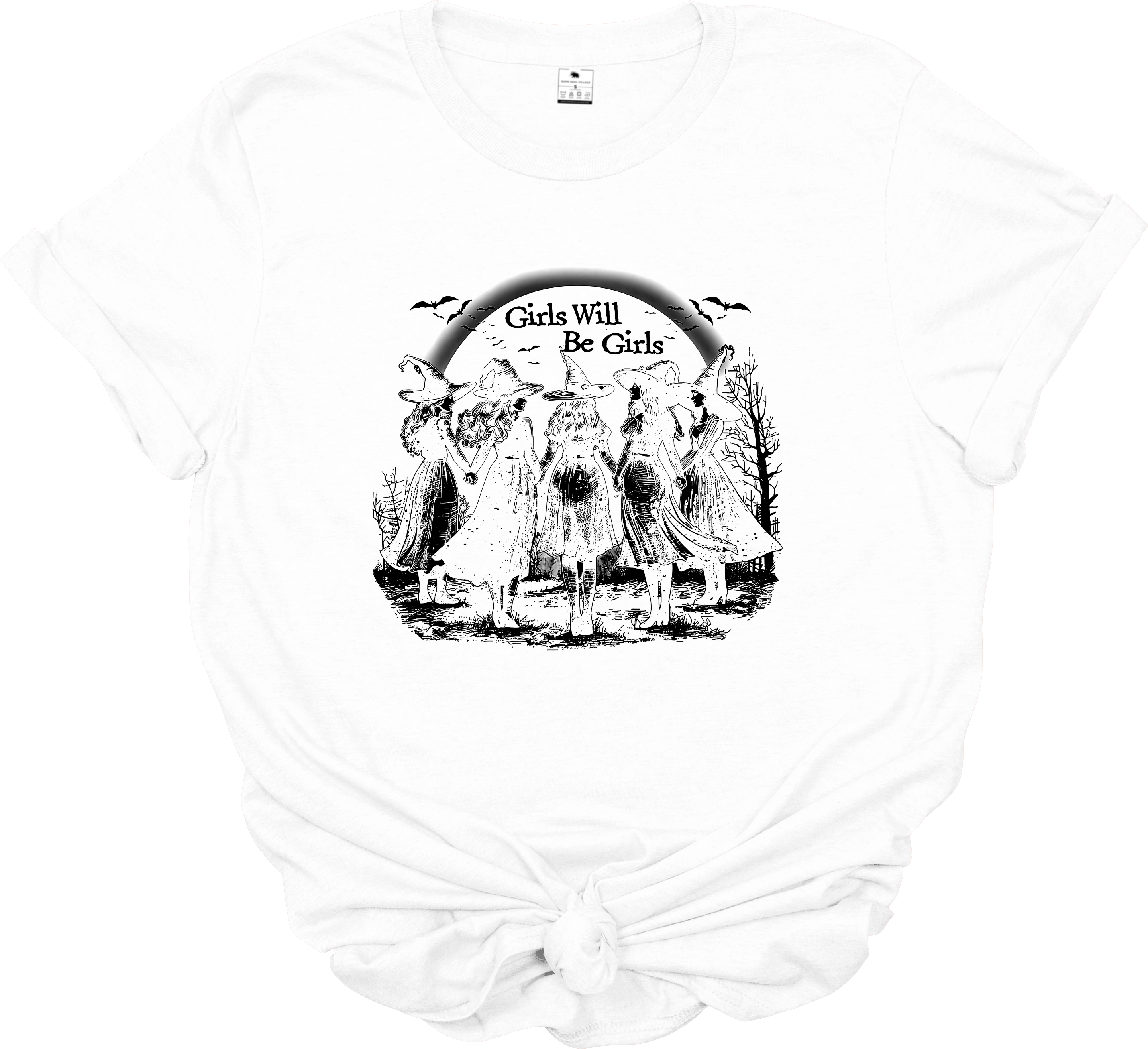 White t-shirt with black graphic design of women in dresses and 'Girls Will Be Girls' text.