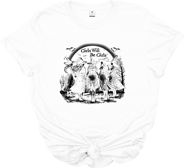 White t-shirt with black graphic design of women in dresses and 'Girls Will Be Girls' text.