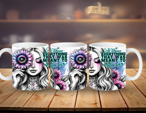 Three mugs with artistic designs of a woman's face and flowers on a wooden surface.