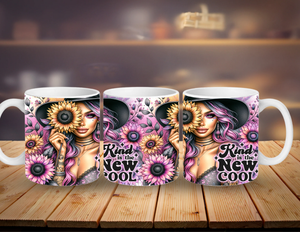Three mugs with a design of a woman with colorful hair and flowers on a wooden surface.