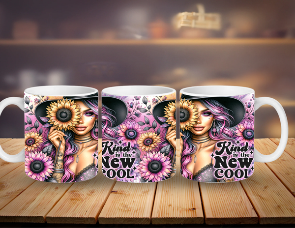 Three mugs with a design of a woman with colorful hair and flowers on a wooden surface.