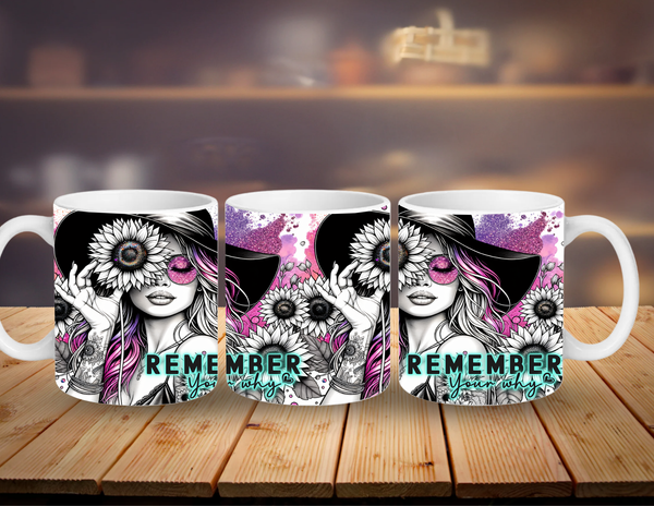 Three mugs with artistic designs and text 'REMEMBER Your Why' on a wooden surface.