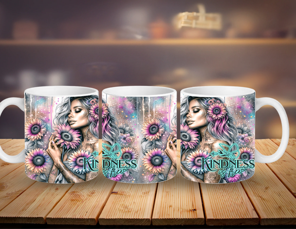 Three mugs with a design of a woman with flowers and the word 'Kindness' on a wooden surface.