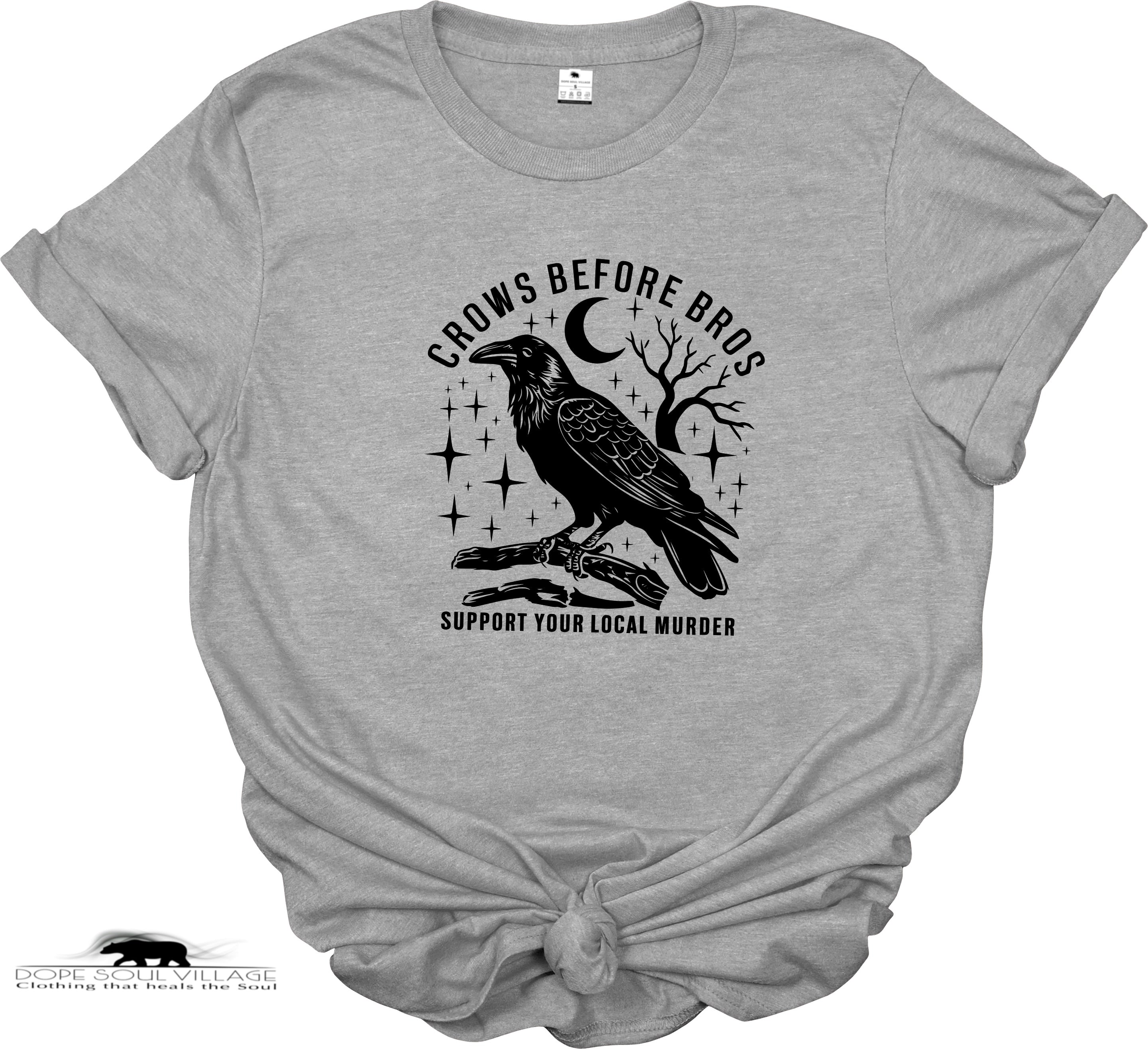 Crows Before Bros grey witchy aesthetic feminist graphic t-shirt for women.