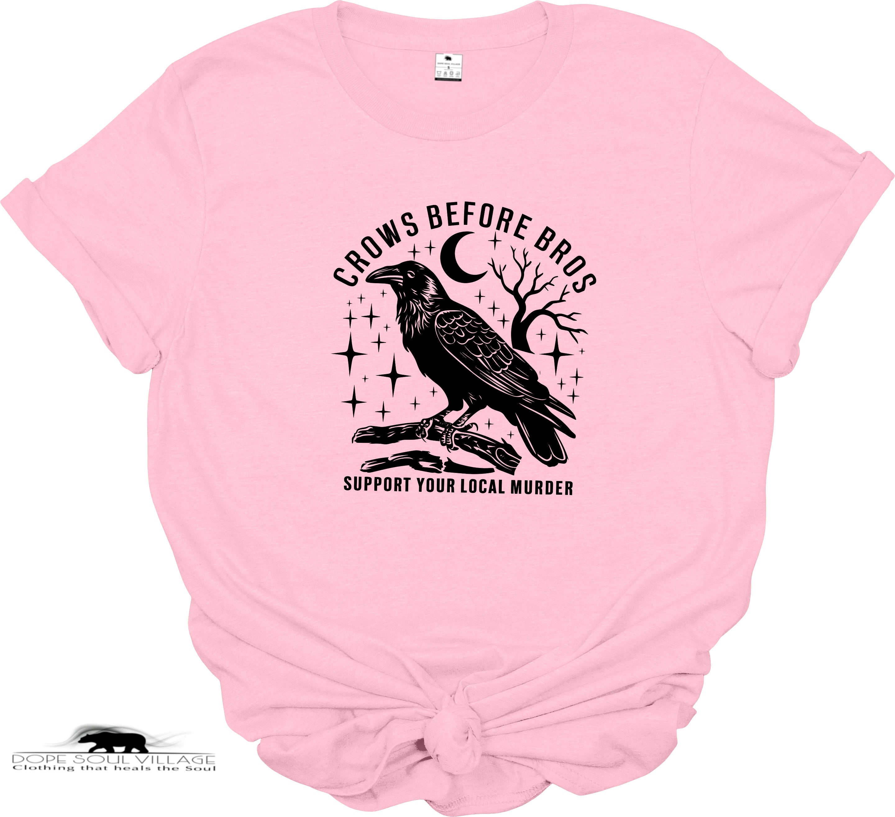 Crows Before Bros light pink sustainable cotton feminist graphic tee by women-owned brand