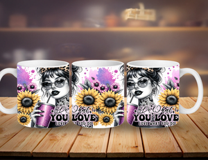 Three mugs with a design of a woman, sunflowers, and text on a wooden surface.