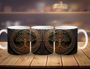 Three mugs with tree of life design on a wooden surface