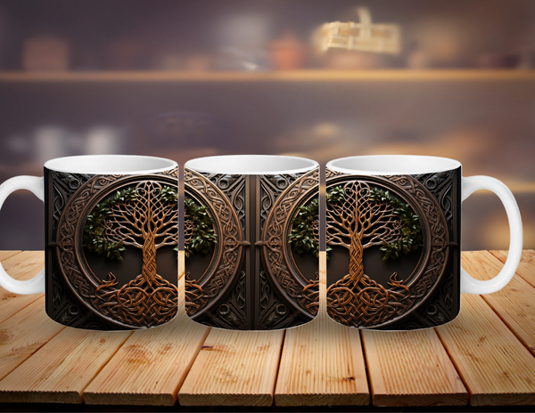 Three mugs with tree of life design on a wooden surface