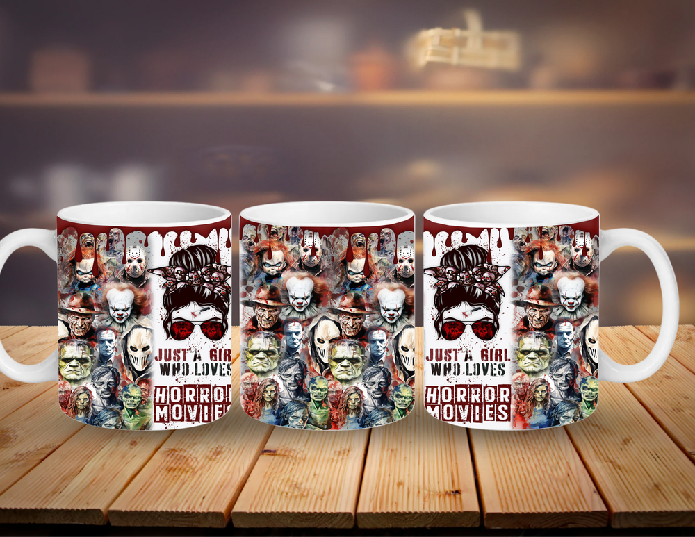 Three mugs with horror movie character design on a wooden surface.