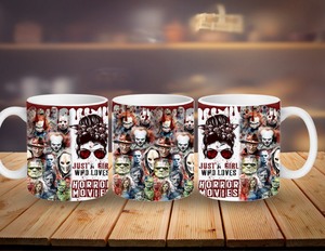 Three mugs with horror movie character design on a wooden surface.