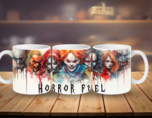 Three mugs with horror-themed designs on a wooden surface.